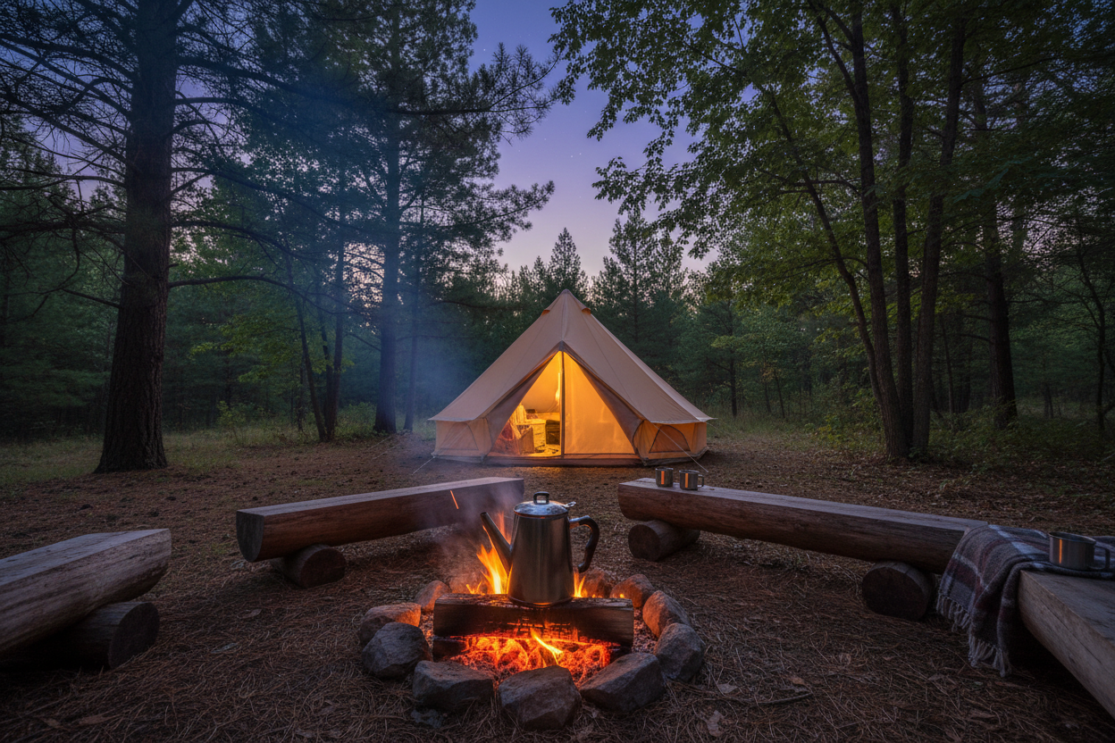 Campsite with tent, campfire, and coffee pot